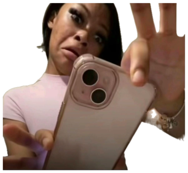 Mirror selfie of a woman holding her phone up with a tired, over-it expression sticker