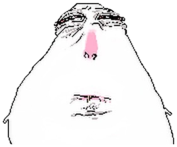 Crudely drawn blob face with squeezed-shut eyes and a wobbling frown sticker
