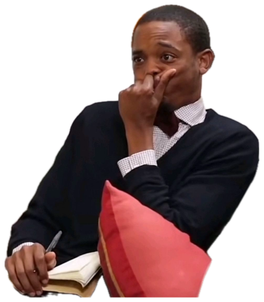 Guy in a bow tie on a couch, hand over his mouth, glancing away mid-thought sticker