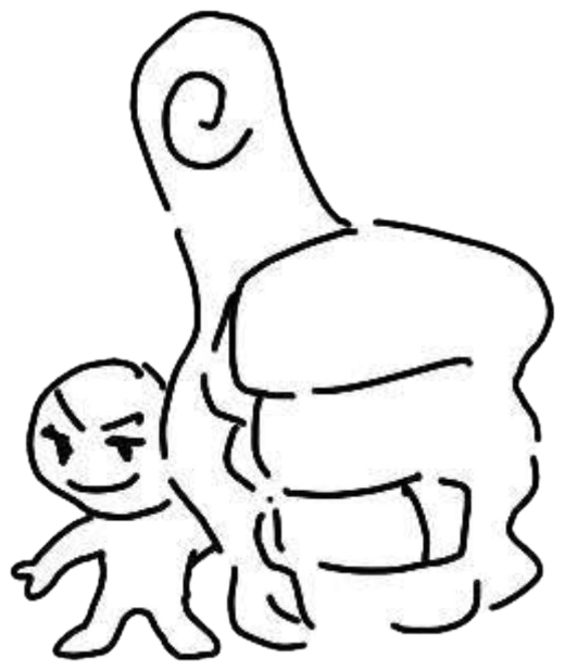 Tiny stick figure standing proudly next to a giant thumbs-up with a scheming smile sticker