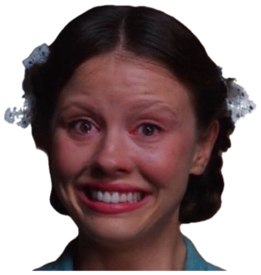 Young woman in pigtails forcing a shaky smile through teary, red-rimmed eyes sticker