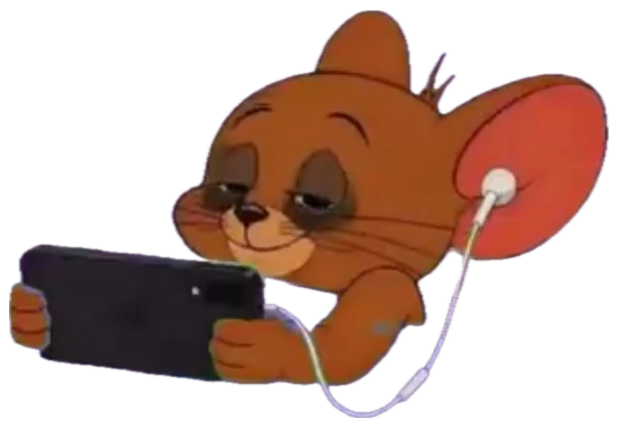 Jerry from Tom & Jerry lying in bed on his phone with earphones in, completely content sticker