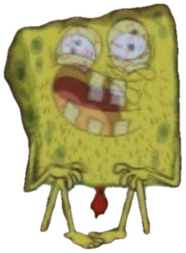 SpongeBob SquarePants looking manic and unhinged with wild spinning eyes in a swirling vortex sticker