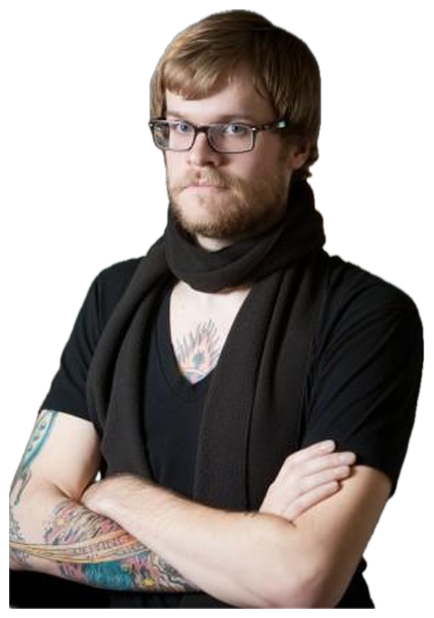 Bearded man in glasses and a scarf with arms crossed giving a flat, judgmental stare sticker