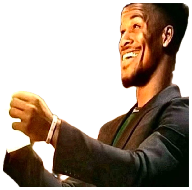 Man in a suit grinning widely while holding a piece of paper in a crowd sticker