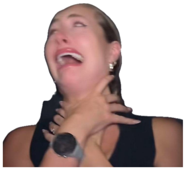Girl in a car head thrown back, wheeze-laughing with a hand at her throat sticker