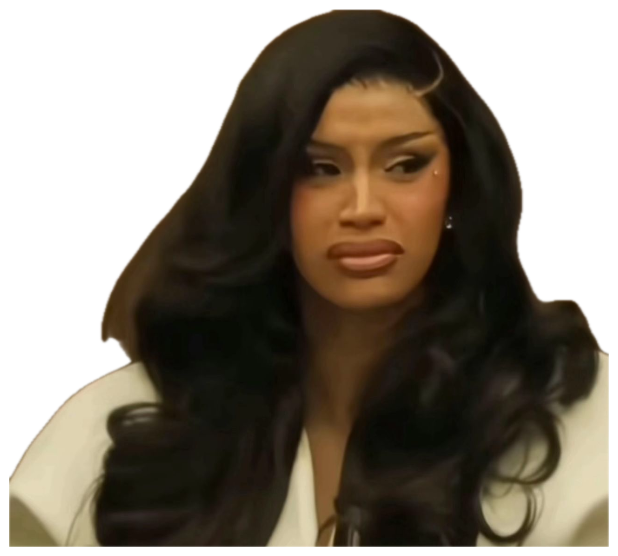 Woman with long black hair and a cool stare sitting at what looks like a courtroom table sticker