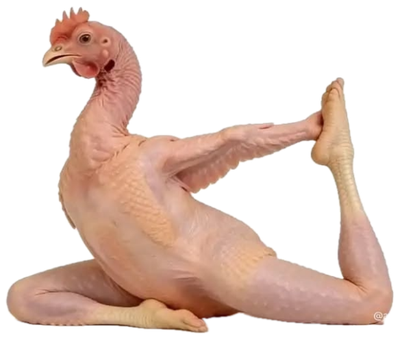 Featherless chicken calmly holding a yoga pose against a white background sticker