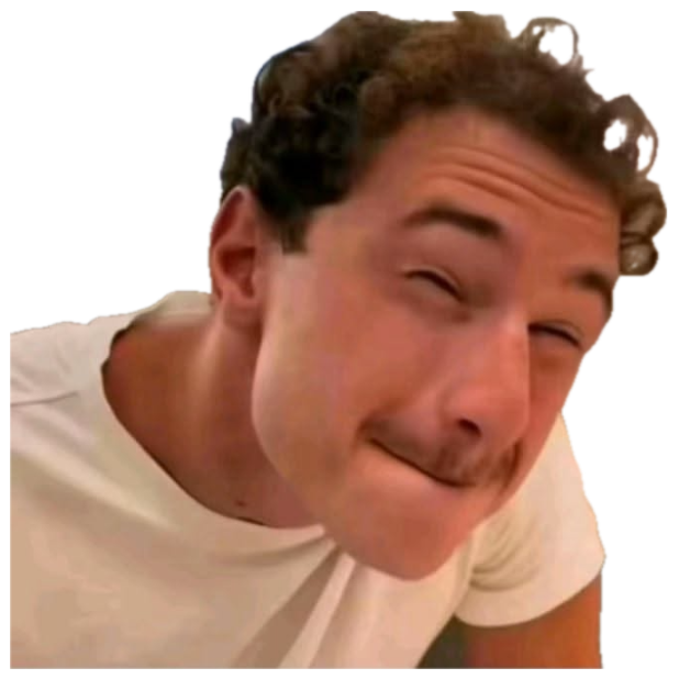 Curly-haired man leaning in with a squinty, awkward closed-mouth smile sticker