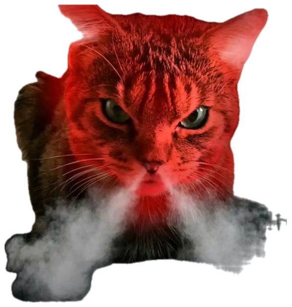 An orange cat bathed in red light with smoke rising, looking menacing and full of rage sticker