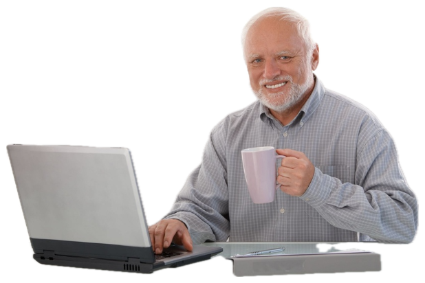 Hide the Pain Harold sitting at a laptop with a mug, smiling through the suffering sticker