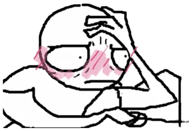 Scribbly cartoon face bright red and hiding behind a hand, thoroughly flustered sticker