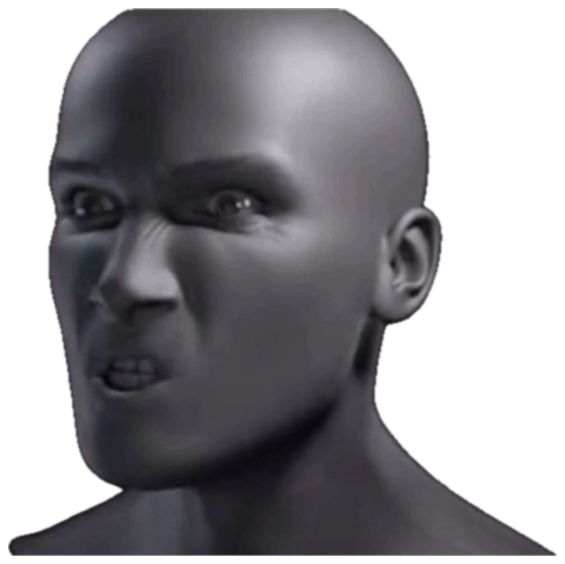 Grey CGI head snarling with a disgusted, contorted grimace against a black background sticker