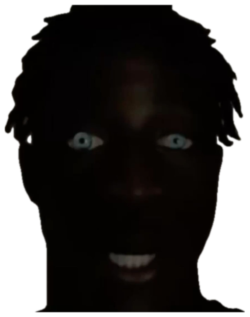 Man in a dark room with only his bright eyes and teeth visible, wide-eyed and startled sticker