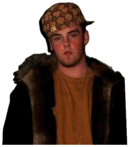 Scumbag Steve in a sideways fur-lined hat leaning in a doorway with a smug stare sticker