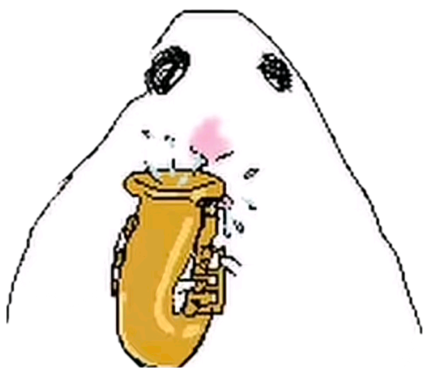 Cute cartoon blob creature blowing a raspberry and playing a saxophone, labelled 'Pthbbt' sticker