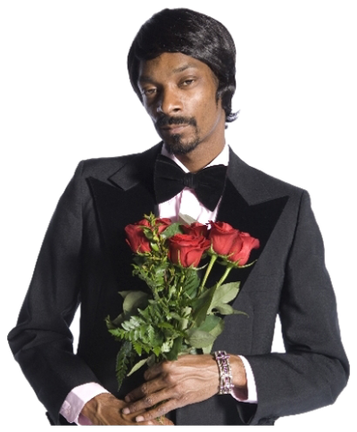 Snoop Dogg in a tuxedo holding a bouquet of red roses with a smooth confident look sticker