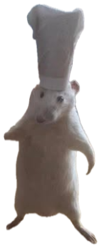 White rat standing upright in a chef's hat holding a tiny pan like it owns the kitchen sticker