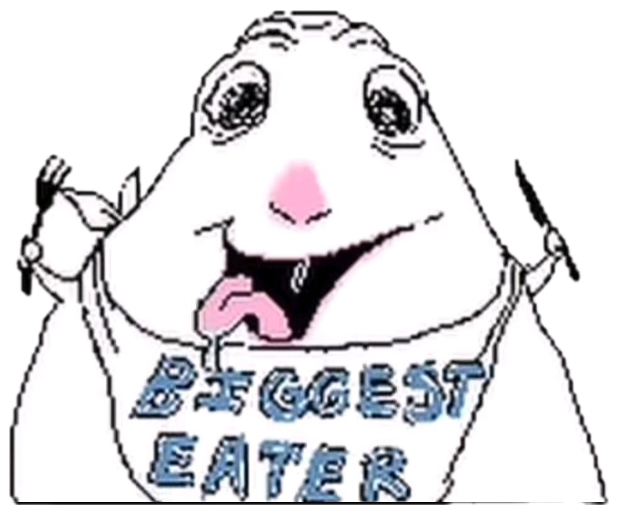 Drooling blob creature with fork and knife, bib reading 'BIGGEST EATER' sticker