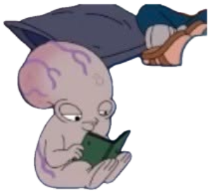 Wrinkly cartoon alien-baby reading a tiny book with a tired, deadpan look sticker