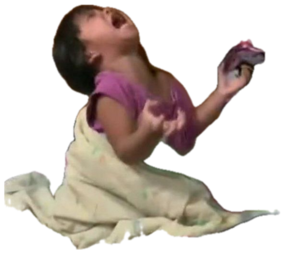 Toddler kneeling on a bed, head tilted back mid-wail in a full dramatic meltdown sticker