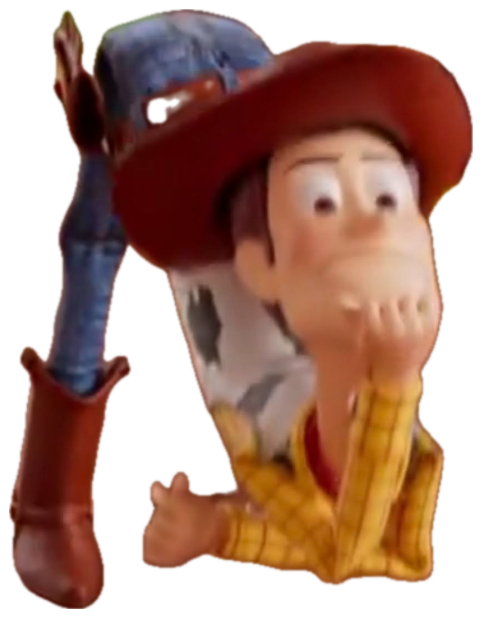 Woody from Toy Story crouching low with a hand over his mouth in wide-eyed disbelief sticker