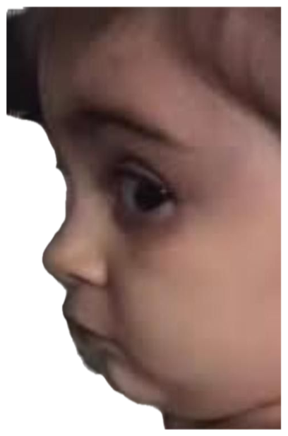 Baby in a car seat giving the most intense side-eye glance with one huge eye visible sticker