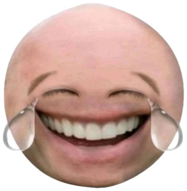 Laughing-crying emoji brought to life with a real human face stretched across the yellow circle sticker