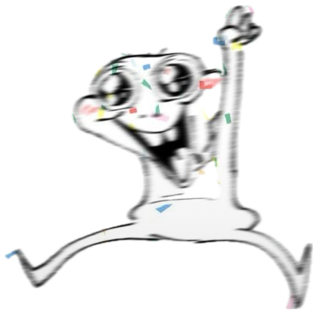 Scribbly stick figure leaping through confetti under big letters reading 'HUZZAH!' sticker