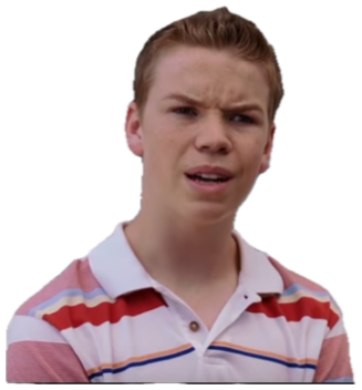Young man in a striped polo squinting with a puzzled, judgmental frown in front of an RV sticker