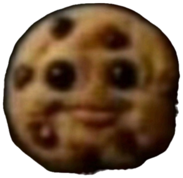 A chocolate chip cookie with a realistic smiling human face staring up from the dark sticker