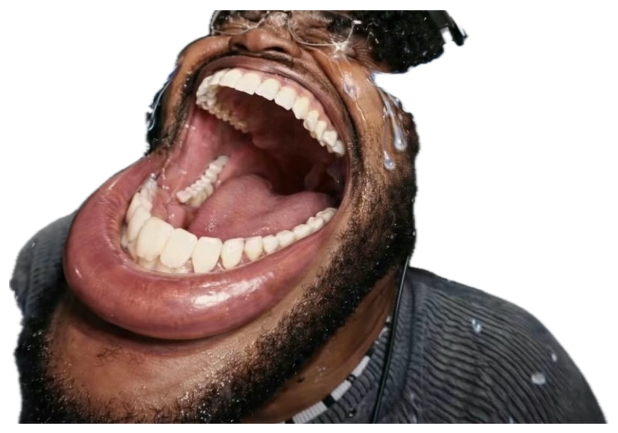 Man in headphones mouth stretched wide with cartoon tears blasting out from laughing so hard sticker
