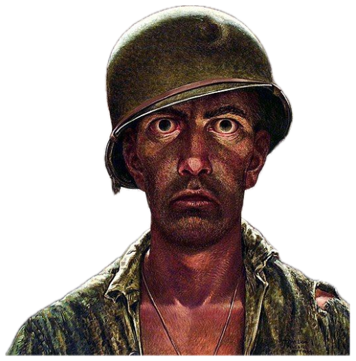 Painting of a wide-eyed soldier giving a haunted thousand-yard stare amid battle sticker