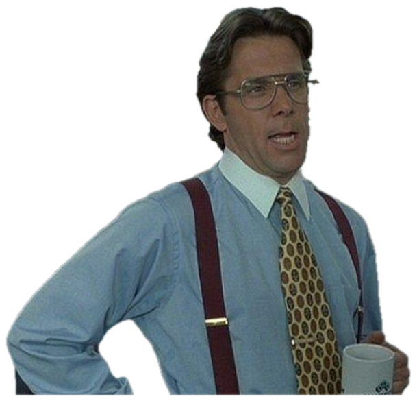 Office manager in glasses and suspenders holding a coffee mug, leaning in with a smug 'yeah' look sticker