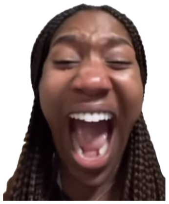 Woman with her eyes shut and mouth wide open mid-scream in front of a curtain sticker