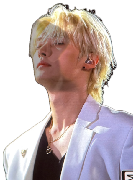 Blond-mullet performer in a white suit tilting his head back, a dog's face blended in behind sticker