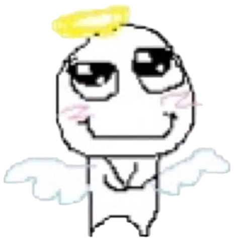 Cute doodle angel character with half-lidded eyes and rosy cheeks giving a sly smile sticker