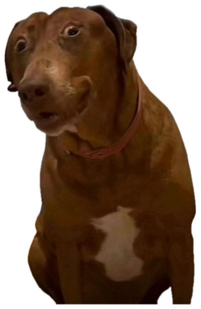 Brown dog sitting on a wood floor with an oddly smug, human-like smirk sticker
