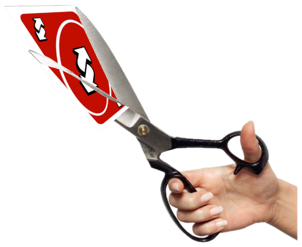 Scissors cutting a red Uno reverse card next to the words 'shut up' sticker