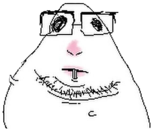 Crude blob-face drawing with glasses holding a Discord phone, smug and heavy-lidded sticker