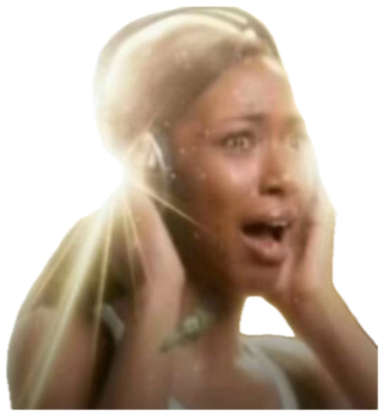 Woman gasping with hands on headphones as doves and golden light explode around her sticker