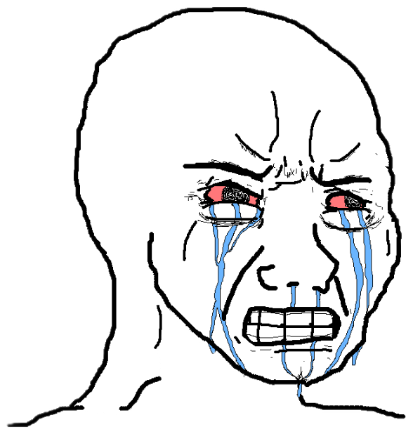 Wojak face sobbing with red eyes, tears streaming and teeth gritted sticker