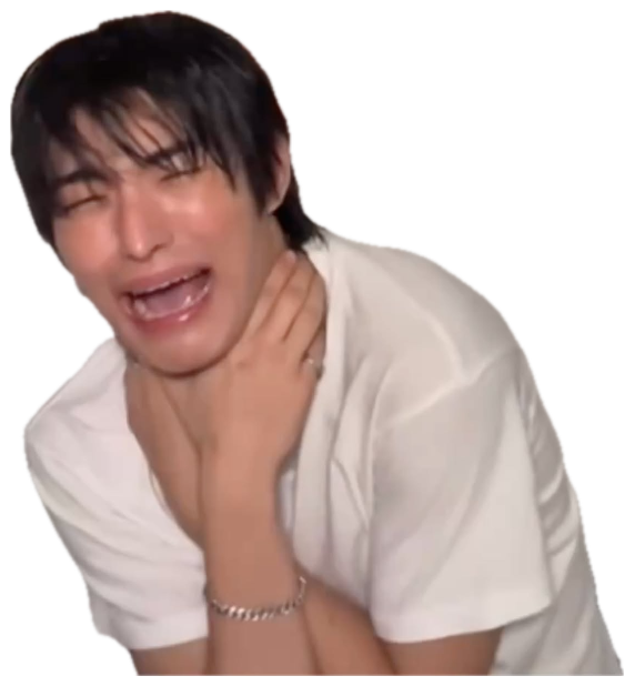 Guy in a white tee ugly-crying under birthday balloons, hand on his neck sticker