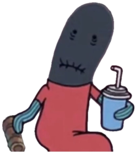Cartoon SpongeBob character slumped in an armchair holding a drink with a dead, stitched-mouth stare sticker