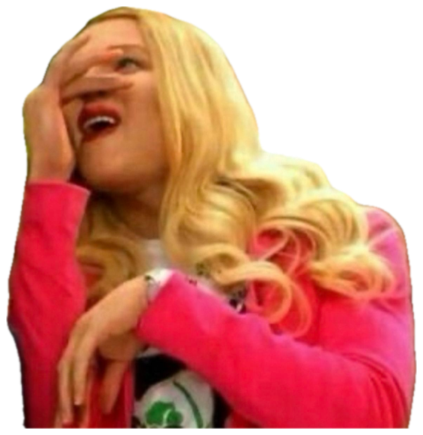 Blonde woman peeking through her fingers, laughing in disbelief sticker