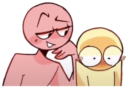 Cartoon flirty character leaning on a panicking wide-eyed companion, labeled 'overly flirty' and 'me' sticker