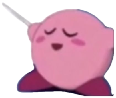 Kirby sitting with eyes closed and a blush, holding a sign that says 'i want kiss' sticker