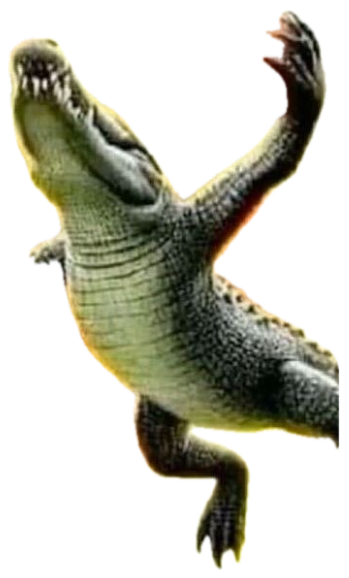 Crocodile slam-dunking a basketball through fire while a shirtless man screams below sticker