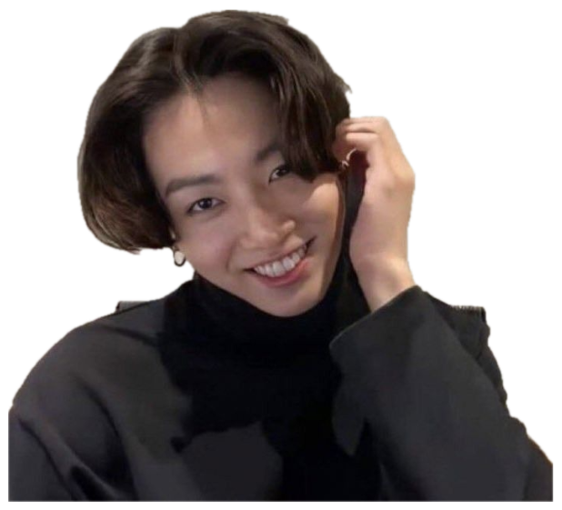Person in a black turtleneck beaming while tucking their hair back sticker