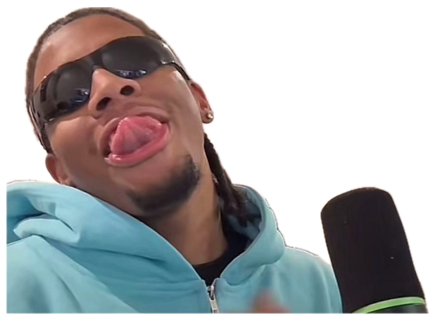 Guy in sunglasses and a hoodie sticking his tongue out into a mic, being goofy sticker